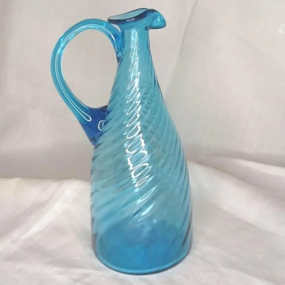 Handblown Italy 8 inch Swirl Blue Art Glass Carafe Ewer Cruet